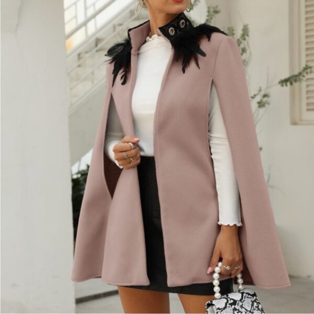 Boho black Feather Trim Cape Jacket Open Front
